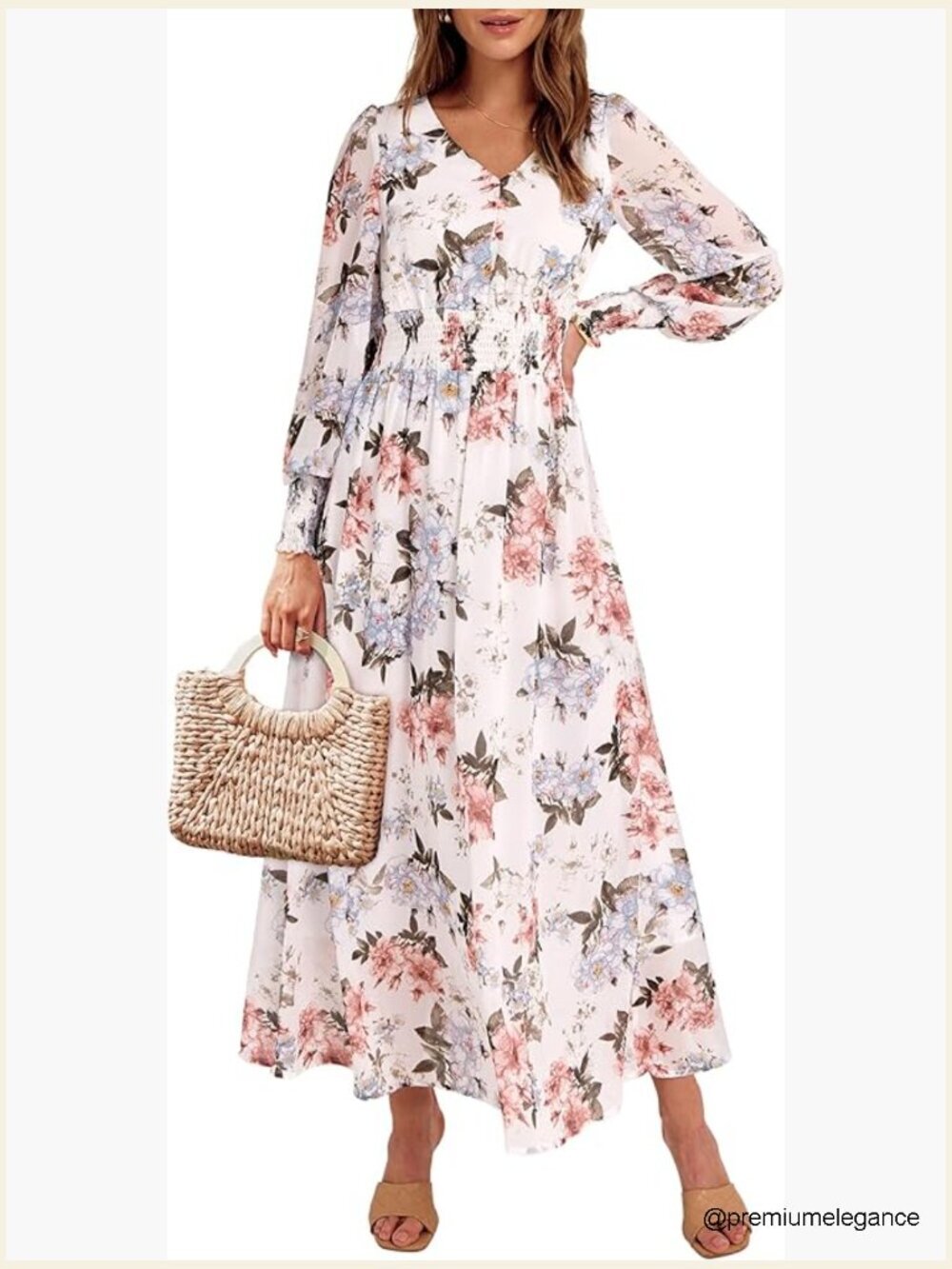 Long Sleeve Floral Maxi Dress V Neck Chiffon Boho Beach Wedding Guest